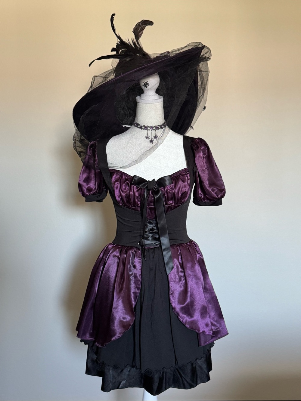 Vintage Elegant Moments Purple and Black Witch Costume with Hat, Jewelry, Shoes